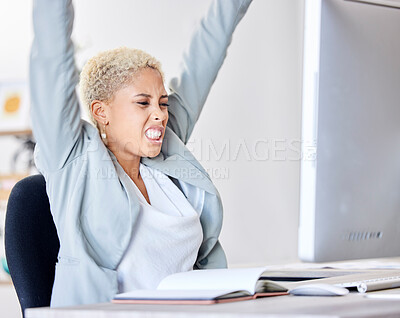 Buy stock photo Winner, success and motivation with a business black woman cheering while working in an office. Wow, winning and celebration with a female employee sitting arms raised after reaching a target or goal