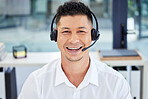 CRM, portrait and Asian customer service employee happy to be working telemarketing in the office. Support, help and man agent, consultant or worker smiling on an online video call using a headset