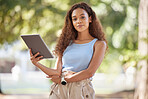 Youth, woman and portrait in park with tablet for research, studying or online streaming. Assertive and confident college girl with digital device for student leisure in nature with bokeh.

