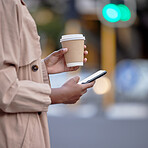 Phone, hands and black woman with coffee in city, internet browsing or social media.  Business mobile, tea and female employee with smartphone for networking, text messaging or web scrolling in town.