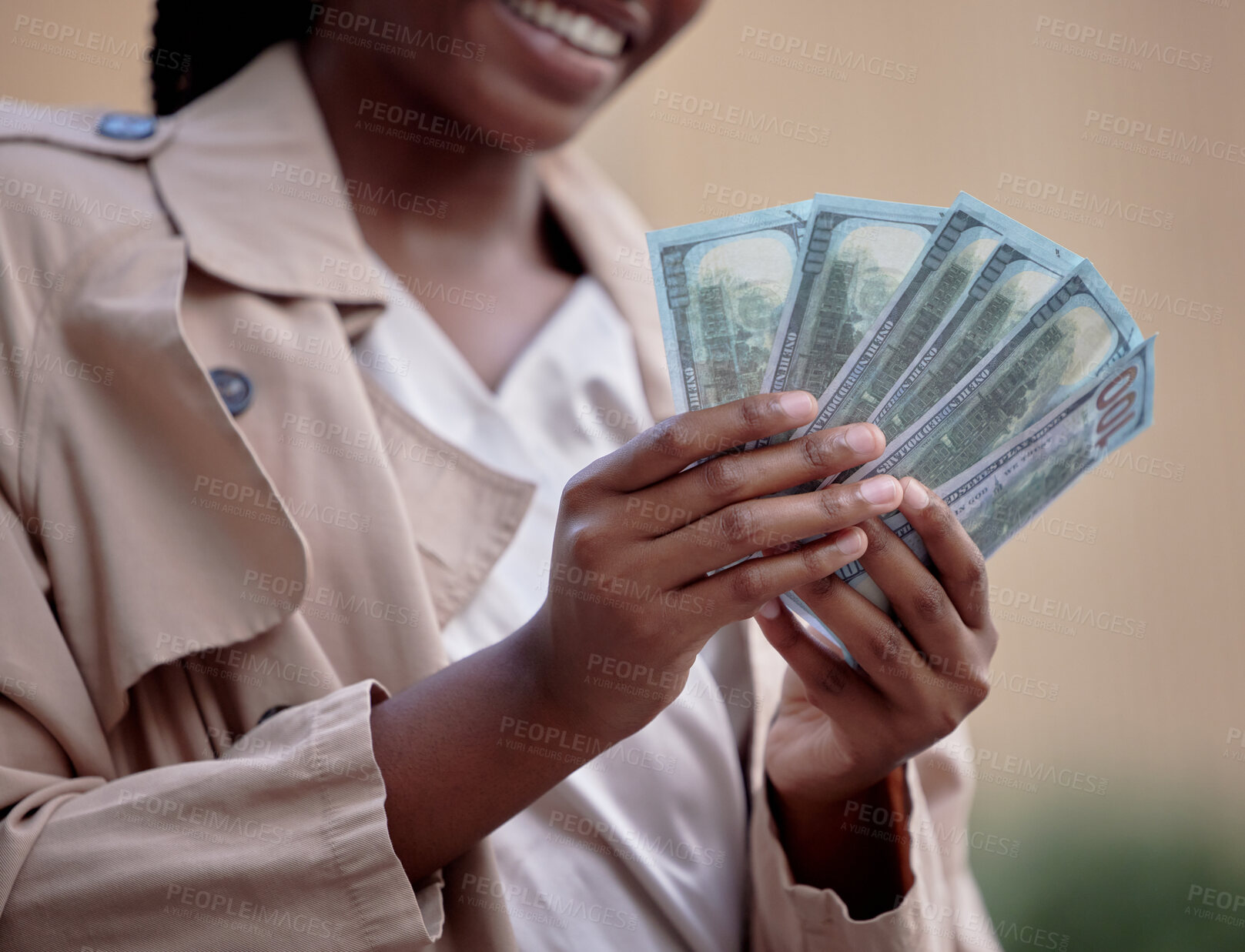 Buy stock photo Happy black woman, count money and street for winning, success and prize from competition in city, Girl, hands and cash from profit, salary or bonus for saving, investment or building wealth in metro