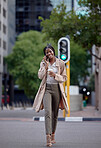 Phone call, city and woman on coffee break, travel or walking to work with communication, networking and smile. Happy international, black person talking on a smartphone for 5g chat in urban street