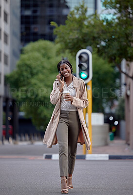 Buy stock photo Phone call, city and woman on coffee break, travel or walking to work with communication, networking and smile. Happy international, black person talking on a smartphone for 5g chat in urban street