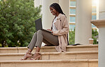 Steps, city and black woman typing on laptop in street, social media or internet browsing. Technology, computer and happy employee or business female working on research, email or project in town.