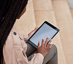 Tablet, screen and mockup with hands of woman or student outdoor for e learning, online course and education app. Digital technology and person on university stairs for 5g internet search or website