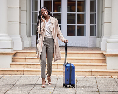 Buy stock photo Travel, business phone call and black woman with suitcase in city for conference, global meeting or work trip. Corporate work, hotel and girl talking on smartphone for cab, taxi and transport service