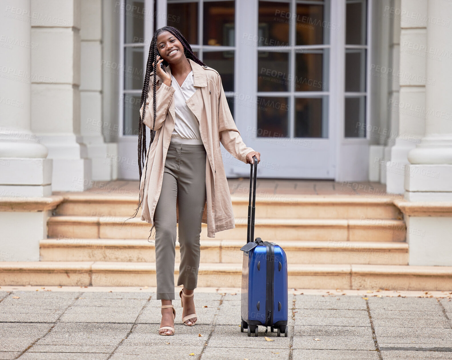 Buy stock photo Travel, business phone call and black woman with suitcase in city for conference, global meeting or work trip. Corporate work, hotel and girl talking on smartphone for cab, taxi and transport service