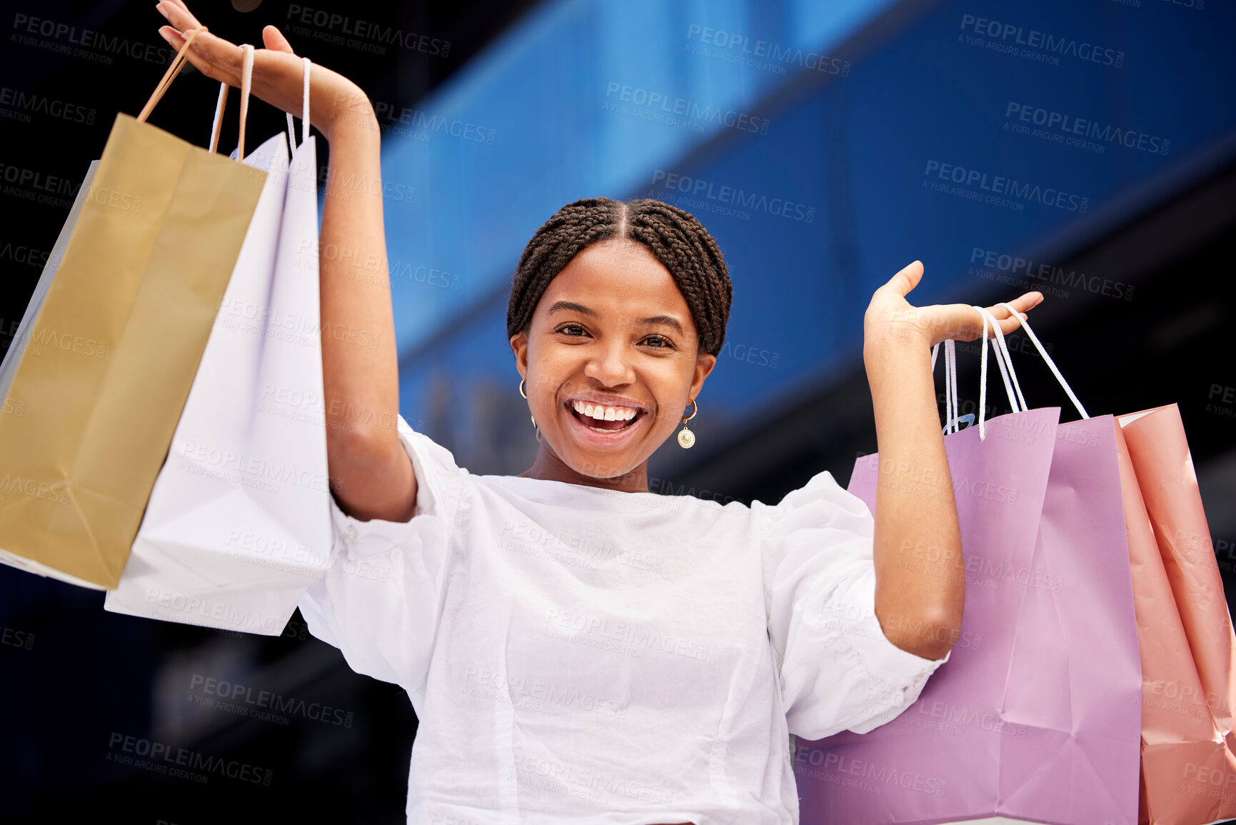 Buy stock photo Portrait, shopping and an excited black woman customer carrying bags in a mall for retail or consumerism. Sale, product and fashion with a young female consumer or shopping buying from a store