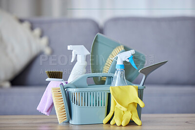 Buy stock photo Cleaner basket, product and cloth with brush, gloves and spray bottle for health, safety and stop bacteria in home. Spring cleaning tools, chemical liquid and fabric on table with service