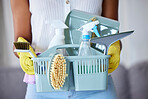 Cleaner holding basket, product closeup and cloth with brush, spray or bottle for health, safety or stop bacteria in home. Spring cleaning tools, chemical liquid and fabric in woman hands for service