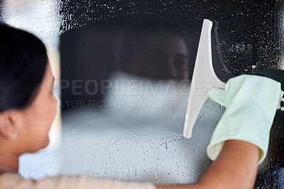 Buy stock photo Woman cleaning window, cleaner and chemical for hygiene, surface disinfection and protection from bacteria. Housework, clean service and housekeeper with hospitality, janitor and water drops on glass