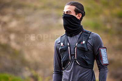 Man, runner and mask for fitness exercise, workout or trekking in the nature outdoors. Sporty male, person or guy ready for running, exercising or healthy cardio, hiking or sports training