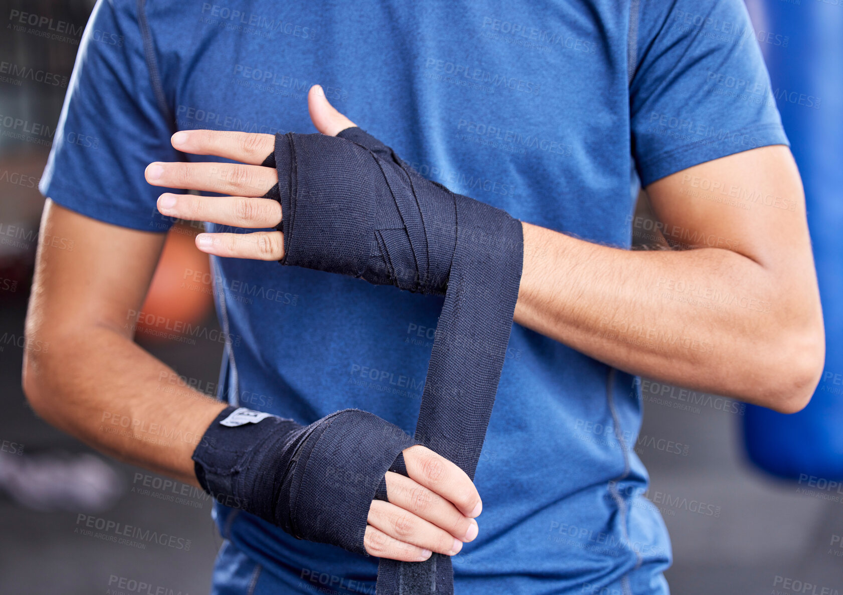 Buy stock photo Fitness, boxing and tape with hands of man in gym for sport, workout and martial arts training. Exercise, strong and wellness with boxer and wrap bandage in mma class for fight, health or performance