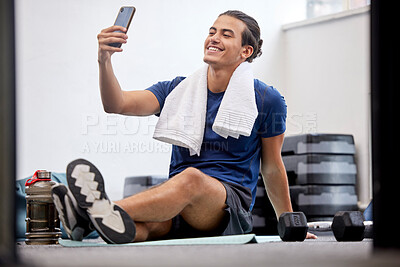 Buy stock photo Fitness, happy man and selfie for social media or profile picture with towel after workout exercise or training at gym. Sporty male vlogger or influencer with smile in happiness for online vlog post