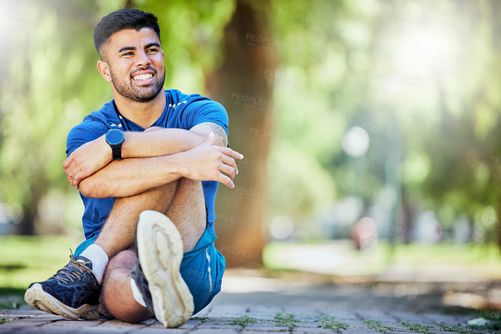 Buy stock photo Exercise, fitness and a man outdoor at park with space for mock up cardio workout or training goals. Happy sports person or athlete in nature thinking about a run and energy for health and wellness