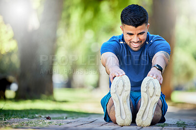 Buy stock photo Stretching, exercise and fitness man outdoor at park for cardio workout, training and warm up. Happy sports person or athlete in nature for a run and energy for muscle health and wellness goals