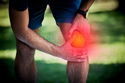 Buy stock photo Man, exercise and outdoor with knee pain, leg injury or health problem in nature park during run. Fitness person with hands on joint or muscle after accident during workout or training arthritis fail