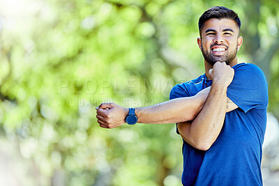 Buy stock photo Fitness, mockup and stretching with a sports man outdoor in nature for a warm up before exercise. Workout, mock up and training with a male athlete on a natural green background for health or cardio