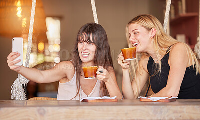 Buy stock photo Selfie, friends and coffee with women in cafe for happiness, social media and lunch break. Summer, reunion and technology with girl and phone at table in restaurant for happy, smile or communication 