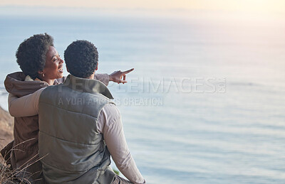 Buy stock photo Travel, ocean and hiking with black couple on mountain with mockup for views on adventure, nature and sunrise. Peace, discovery and expedition with man and woman for trekking, freedom and relax