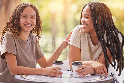 Buy stock photo Friends, coffee and women at cafe, smile and bonding for reunion, talking and chatting together. Sisterhood, females and ladies with tea, outdoor or conversation for happiness, communication or relax