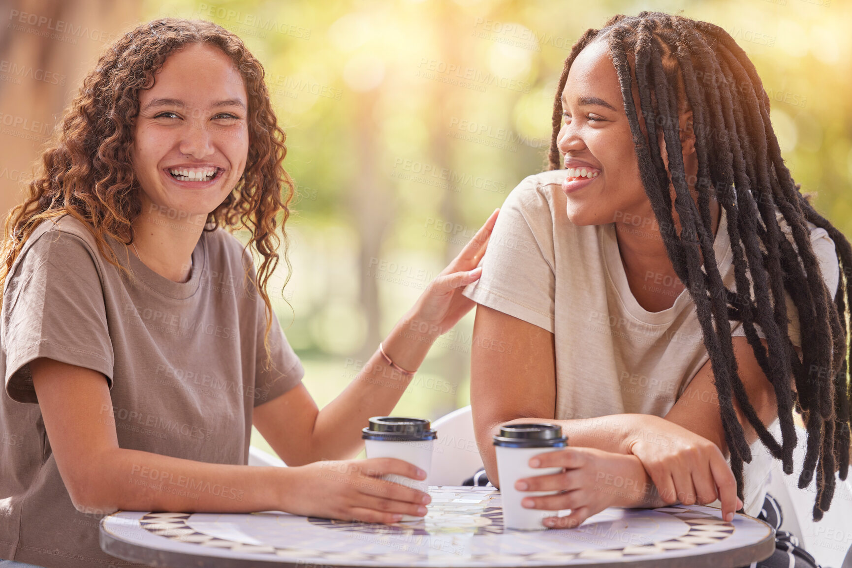 Buy stock photo Friends, coffee and women at cafe, smile and bonding for reunion, talking and chatting together. Sisterhood, females and ladies with tea, outdoor or conversation for happiness, communication or relax