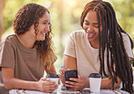 Phone, university and couple of friends on social media, chat notification or funny meme at campus cafe. Coffee shop, students or happy black people on smartphone, conversation and online networking