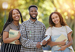 University students, friends and group portrait at park outdoors ready to start learning business management. Scholarship books, education and happy people, man and women standing together at college