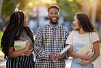 Friends, university students and group portrait at park outdoors ready to start learning business management. Scholarship books, comic and happy people, black man and women laughing at college meme.