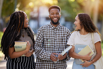 Buy stock photo Friends, university students and group portrait at park outdoors ready to start learning business management. Scholarship books, comic and happy people, black man and women laughing at college meme.
