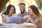 Students, friends and group with laptop laughing at funny meme. Education scholarship, comic portrait and happy people, black man and women with computer laugh at joke, humor or crazy comedy at park.