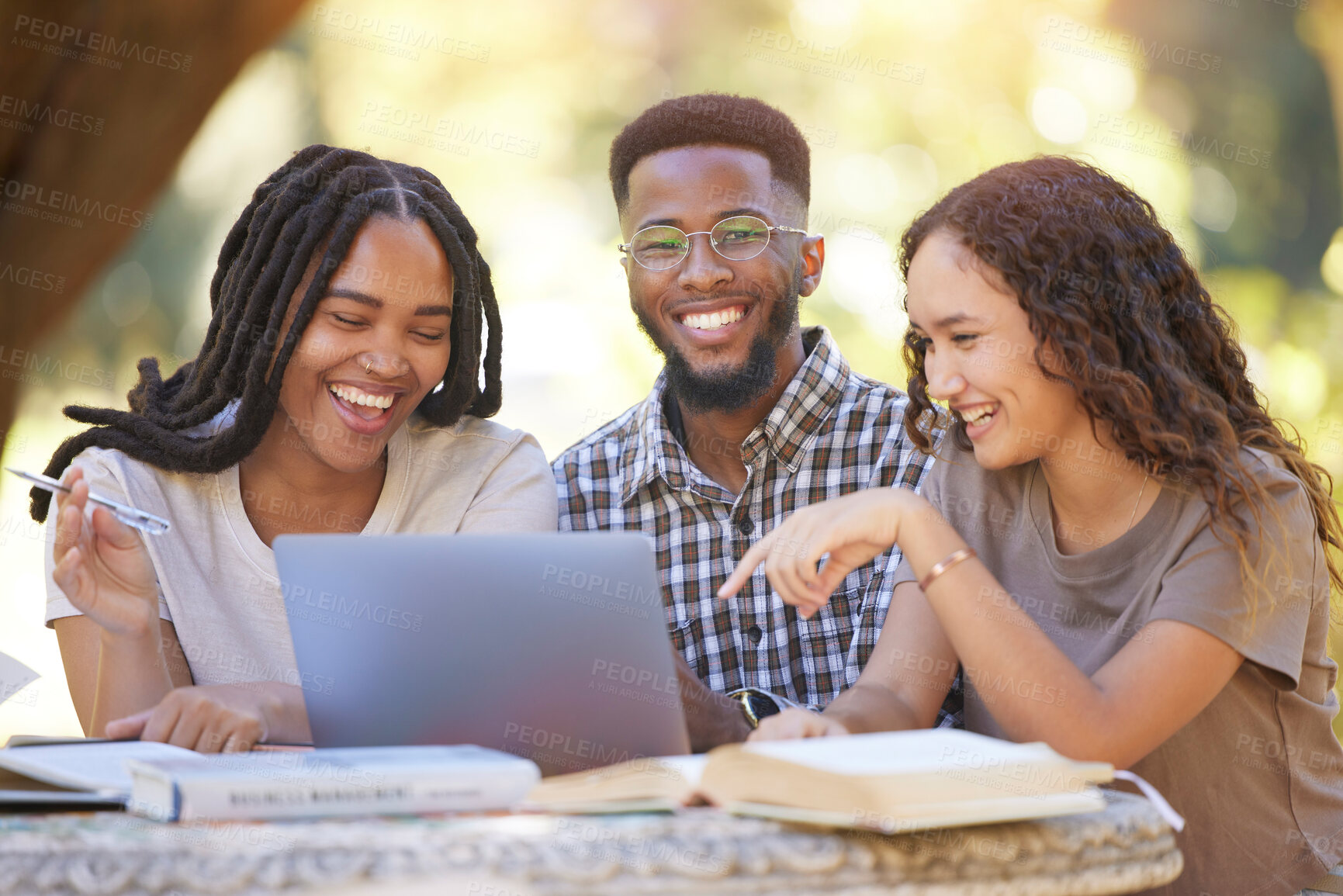 Buy stock photo Students, friends and group with laptop laughing at funny meme. Education scholarship, comic portrait and happy people, black man and women with computer laugh at joke, humor or crazy comedy at park.