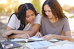 Students, confused and reading book, help and studying at park. University, education teamwork and doubt or uncertain women or friends learning, research or helping with  textbook assignment outdoors