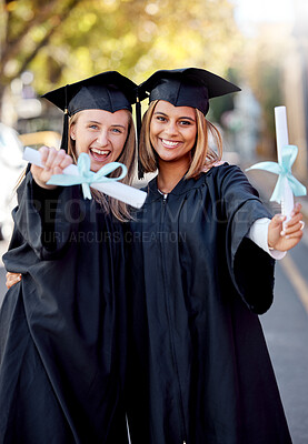 Buy stock photo Graduation, education and portrait of friends with degree for academic success at university campus. Certificate, achievement and happy young women students with college diploma or scroll to graduate