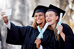 Student woman, graduation selfie and smile for education success, goal or happiness on social media app. Friends, university or college with smartphone at celebration of study, goals and start career