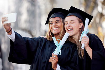 Buy stock photo Student woman, graduation selfie and smile for education success, goal or happiness on social media app. Friends, university or college with smartphone at celebration of study, goals and start career