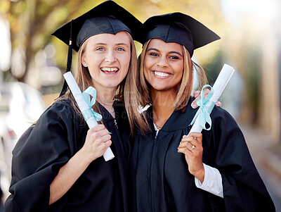 Buy stock photo Graduation, degree and portrait of friends together happy for academic success at their university campus. Certificate, achievement and young women students with college diploma or scroll to graduate
