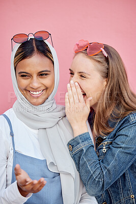 Buy stock photo Secret, happy and talking friends in the city, sharing gossip and listening to a story in Morocco. Smile, conversation and women in communication, whispering and speaking about a joke on a backdrop