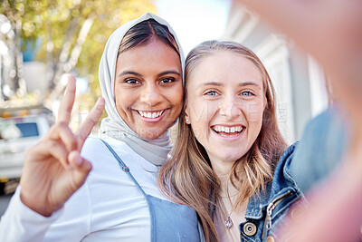 Buy stock photo Selfie, peace sign and couple of friends with social media post, profile picture and gen z portrait in city park. Photography, smile and happy diversity or muslim teenager with hand sign on internet