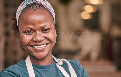 Buy stock photo Small business, entrepreneur and portrait of a woman owner standing in her pottery store or shop. Happy, smile and creative African female boss, ceo or manager with a clay workshop or studio.