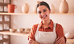 Woman, portrait and smile in pottery workshop, creative studio and manufacturing startup in Sweden. Happy small business owner, ceramic designer and artist working for sculpture, creativity and craft