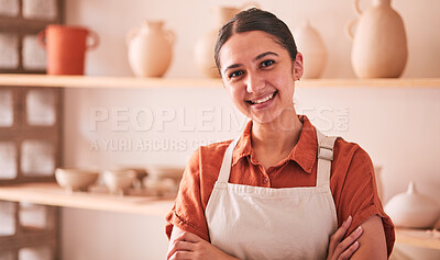 Buy stock photo Woman, portrait and smile in pottery workshop, creative studio and manufacturing startup in Sweden. Happy small business owner, ceramic designer and artist working for sculpture, creativity and craft