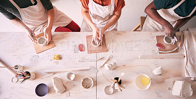 Buy stock photo Pottery class, ceramic workshop or women design sculpture mold, clay manufacturing or art product. Diversity, retail store or top view of startup small business owner, artist or studio people molding