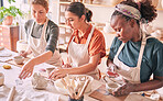 Pottery class, ceramic workshop or group design sculpture mold, clay manufacturing or art product. Diversity people, retail sales store or startup small business owner, artist or studio women molding