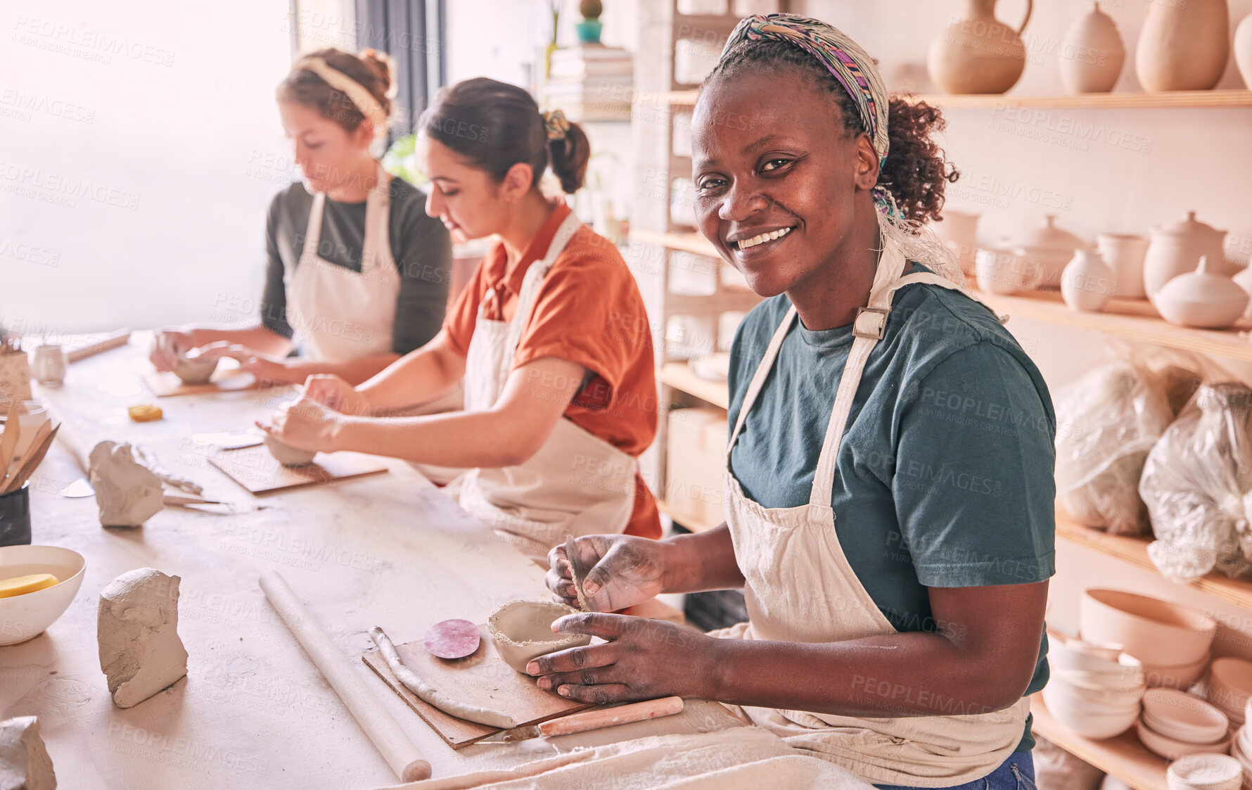 Buy stock photo Pottery class, group workshop or portrait woman design ceramic mold, clay manufacturing or art product. Diversity studio, retail sales store or startup small business owner or African artist molding