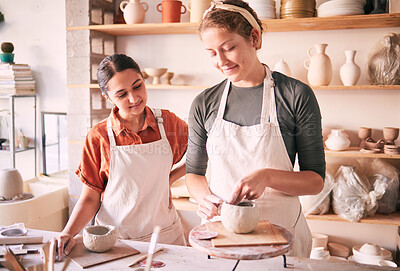 Buy stock photo Pottery class, workshop or women teaching sculpture design, clay manufacturing or art product. Creative mold, ceramic retail store and startup small business owner, artist or people working in studio
