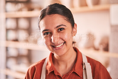 Buy stock photo Pottery, small business and portrait of a woman in a workshop for handicraft, creative and clay products. Artist, sculpture and female potter entrepreneur standing in her creativity or ceramic store.