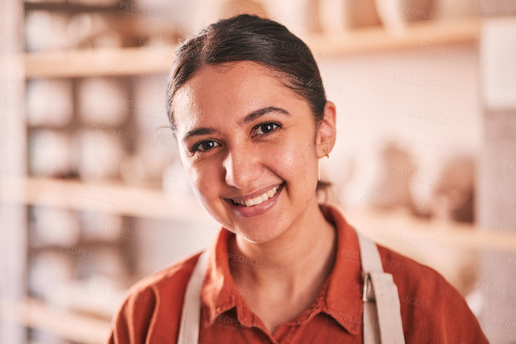 Buy stock photo Pottery, small business and portrait of a woman in a workshop for handicraft, creative and clay products. Artist, sculpture and female potter entrepreneur standing in her creativity or ceramic store.