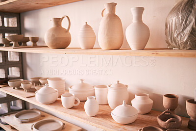 Buy stock photo Ceramics, dishes and pottery on shelf in studio, creative store and manufacturing startup. Clay products, background and shelves in workshop, small business and retail craft shop of stock production