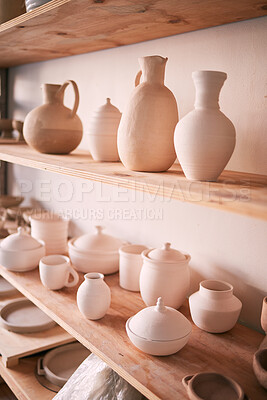 Buy stock photo Backgrounds, shelf and pottery in creative workshop, store and manufacturing startup. Ceramics, collection and display in studio, small business and retail craft market, shop and stock production 